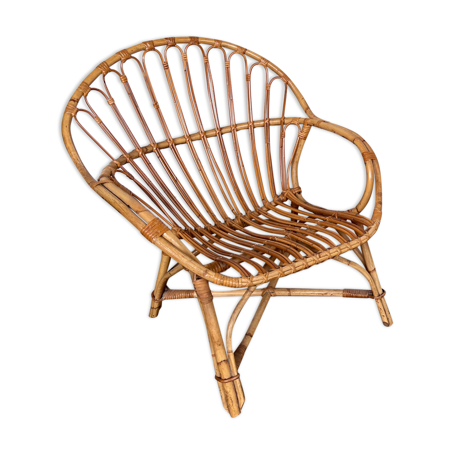 Fauteuil bohème shabby chic en rotin bambou 1950