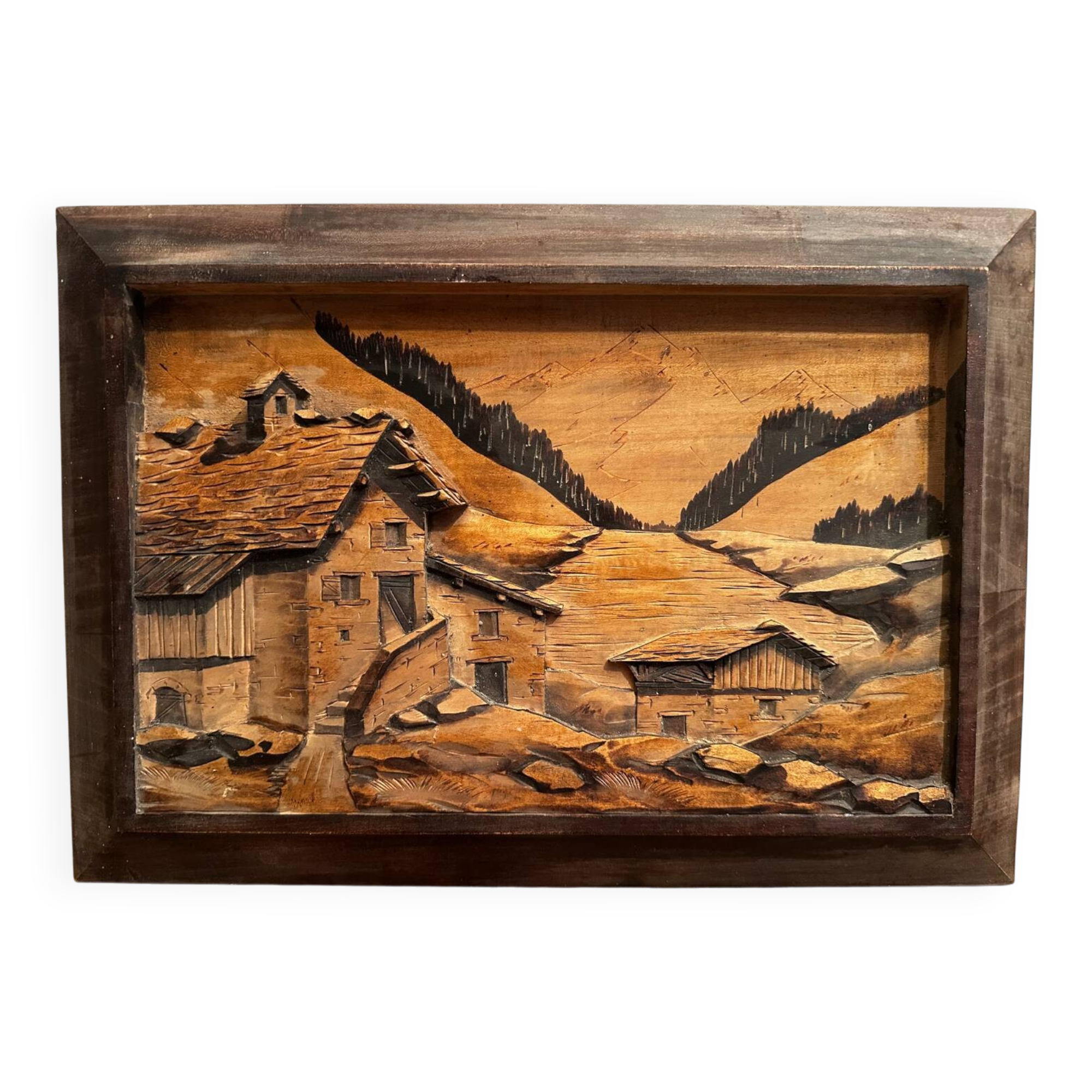 Tableau Alpin vintage années 50 - Sculpté et Pyrogravé - Ambiance Chal