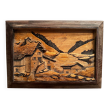 Tableau Alpin vintage années 50 - Sculpté et Pyrogravé - Ambiance Chal