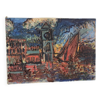 Paysage de port école française du XXème siècle