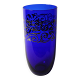 Vintage Blue Crystal Vase with Silver Ornament / Fani Argento / Italy, 1930