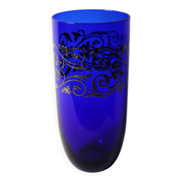 Vase en cristal bleu vintage avec ornement en argent / Fani Argento / Italie, 1930