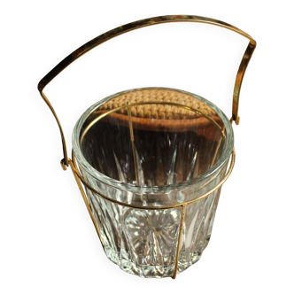 Glass ice bucket in vintage gold metal structure