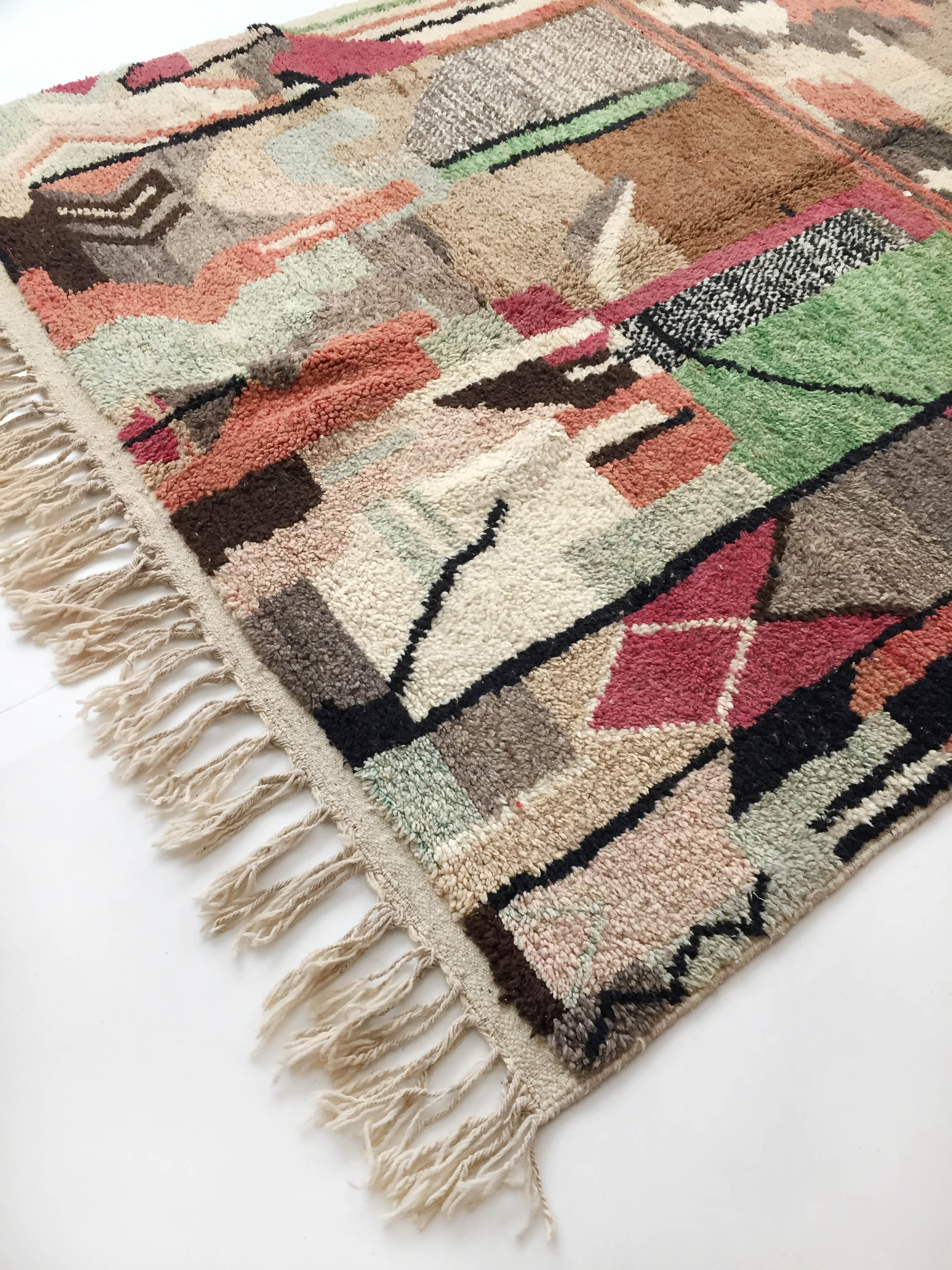 Moroccan Berber boujaad ecru carpet with colorful patterns 303x197cm