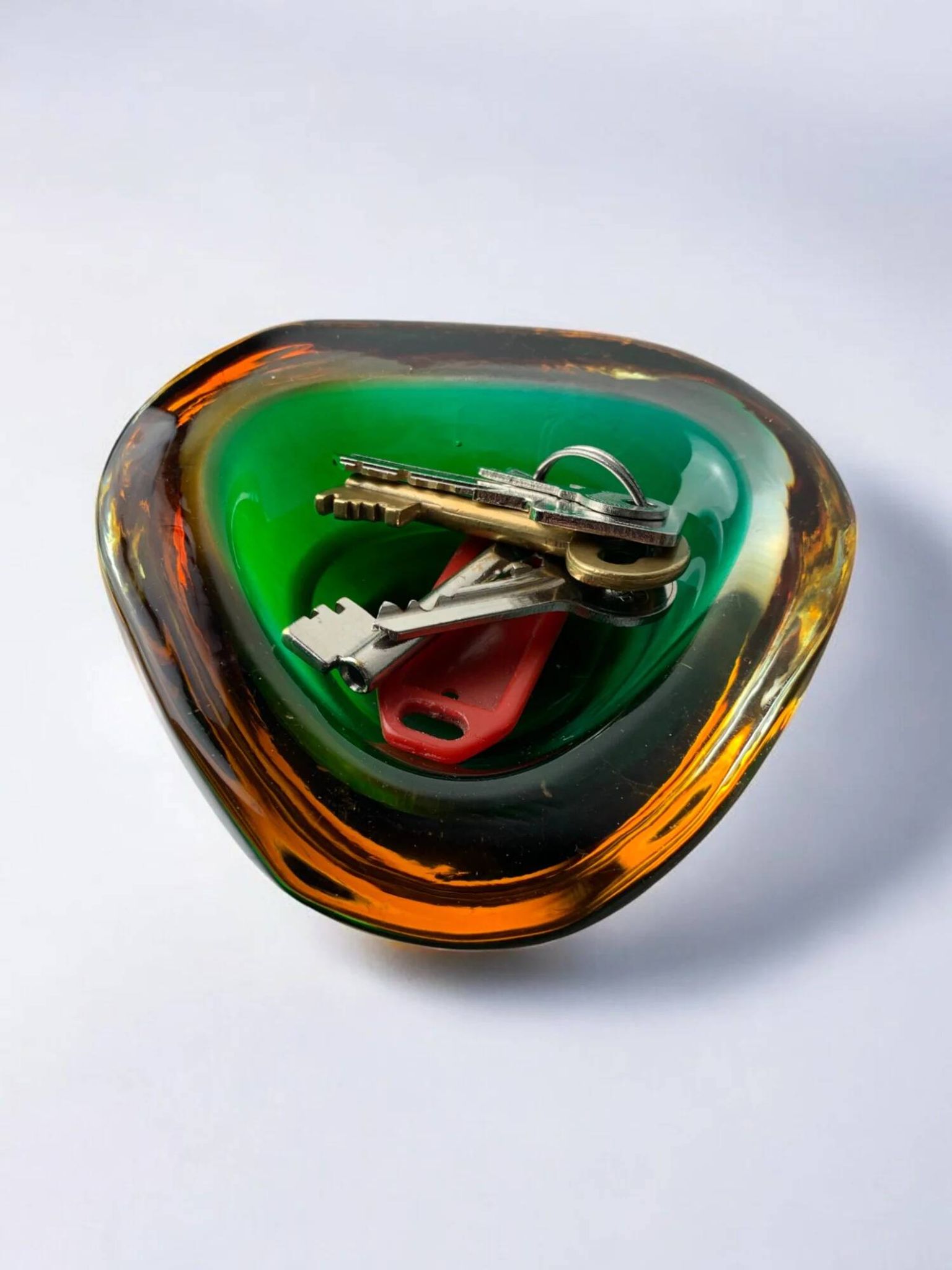 Green and orange Sommerso bowl by Seguso, Murano glass, Italy, 1970s