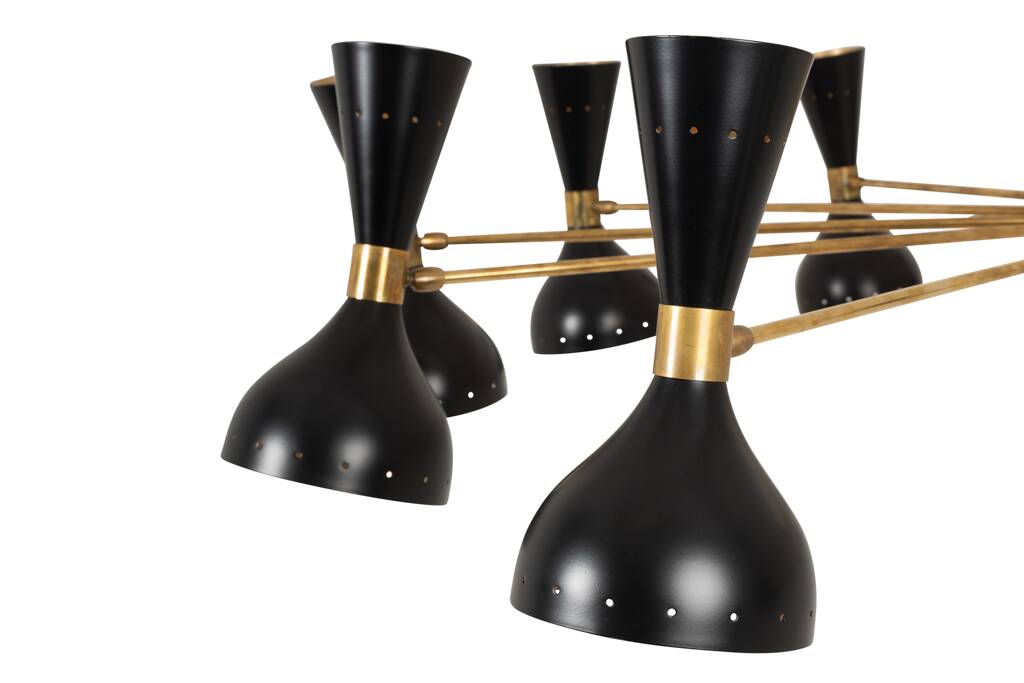 Diabolo chandelier in patinated and black lacquered brass. Contemporary.