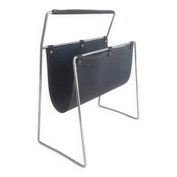 Chrome and black leather magazine rack