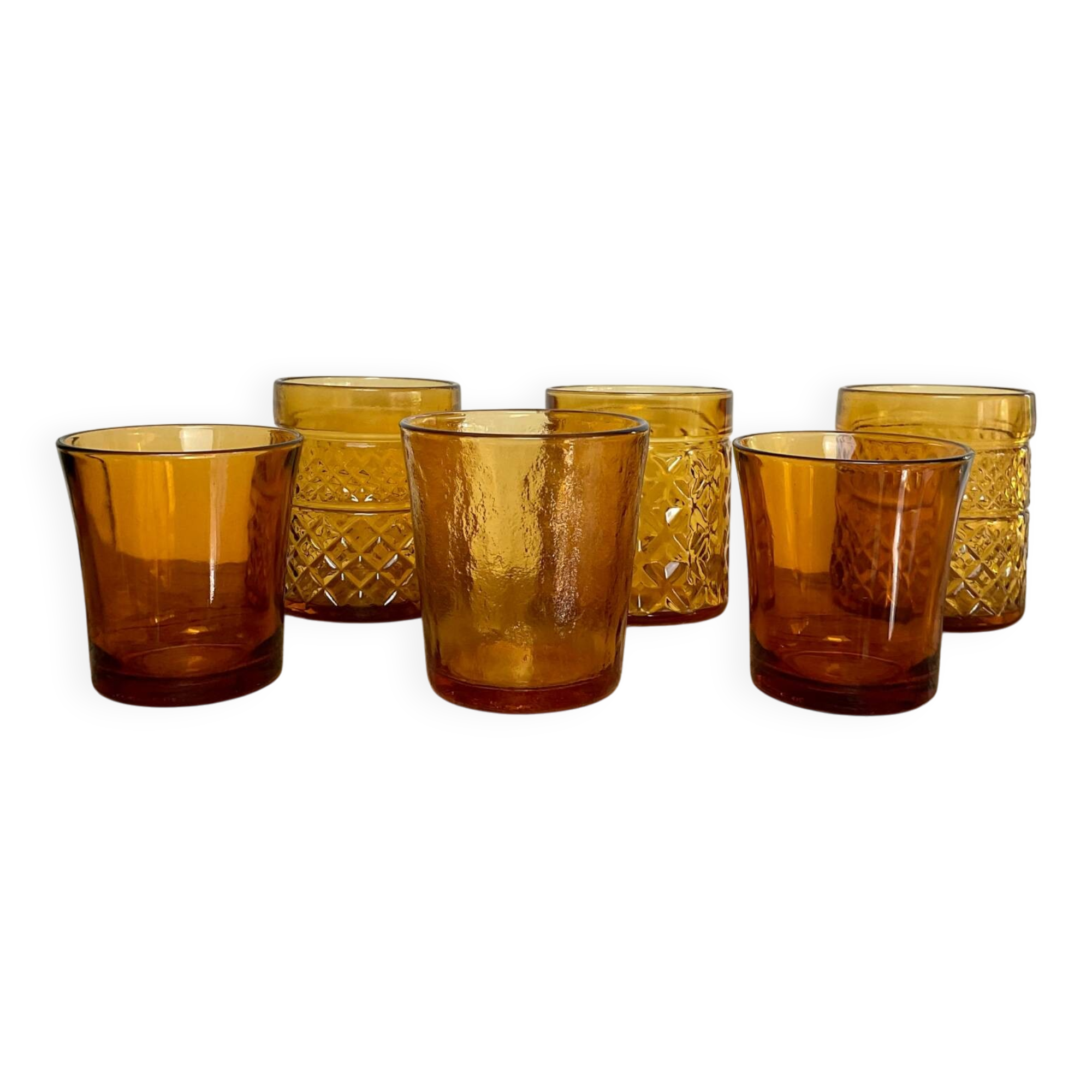 6 mismatched vintage amber glasses