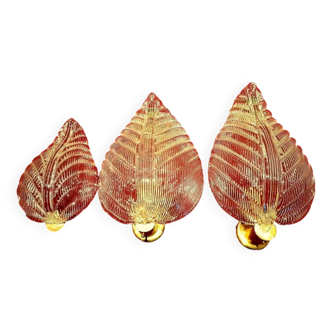 Set of 3 vintage MURANO glass leaf wall lights 1950