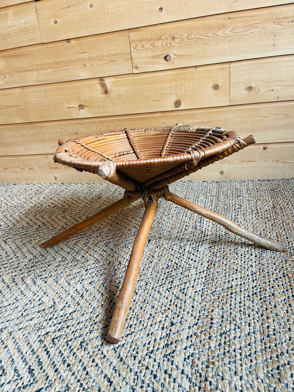 Rattan and wood stool