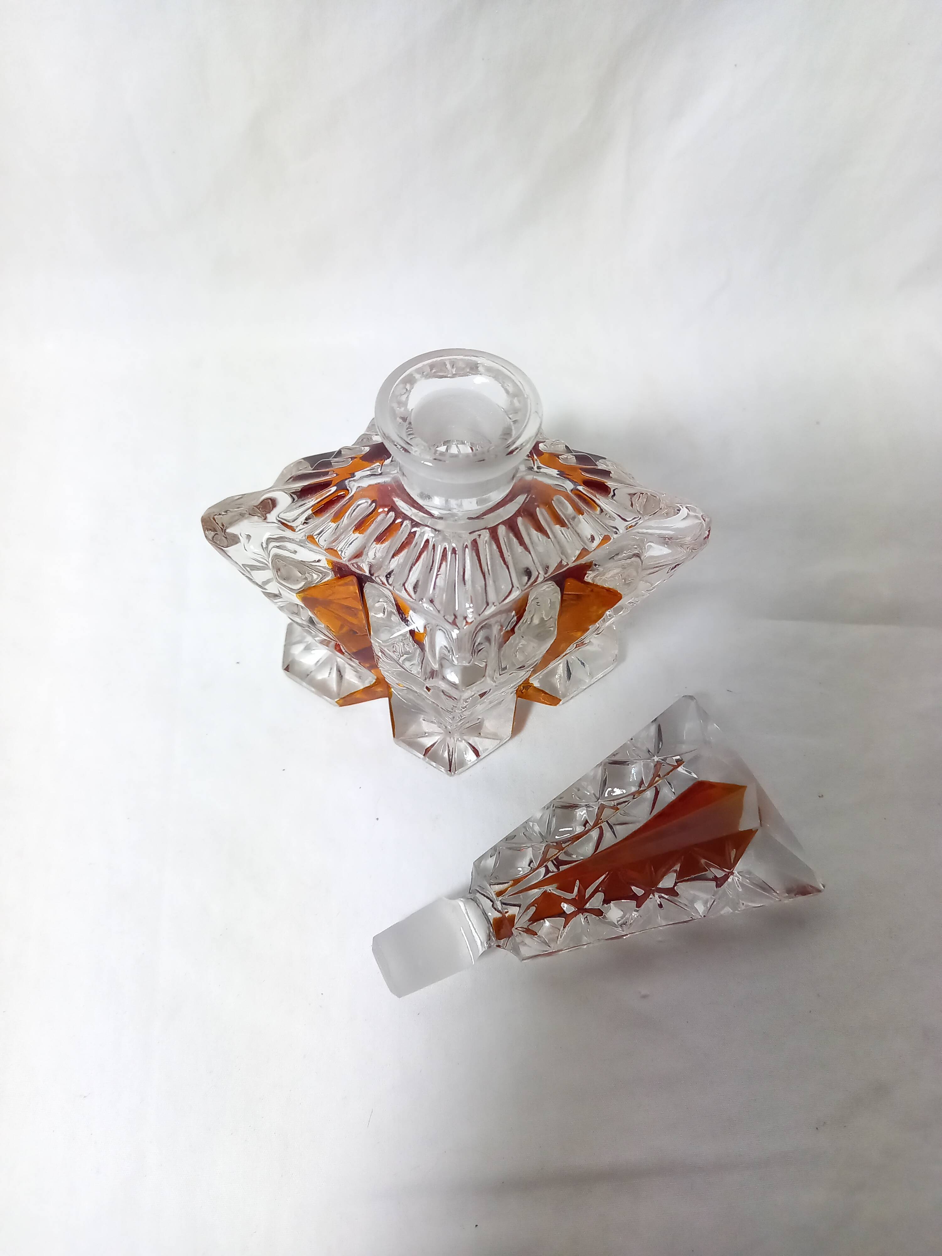 Art Deco Perfume Bottle, Pot and Tray in Transparent and Amber Glass