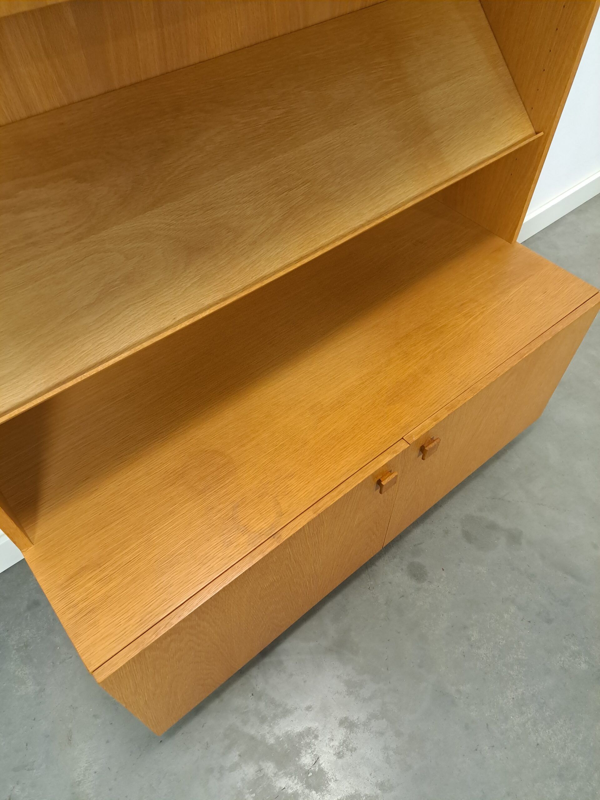 Tall LP display cabinet with glass doors and magazine shelf from Sweden