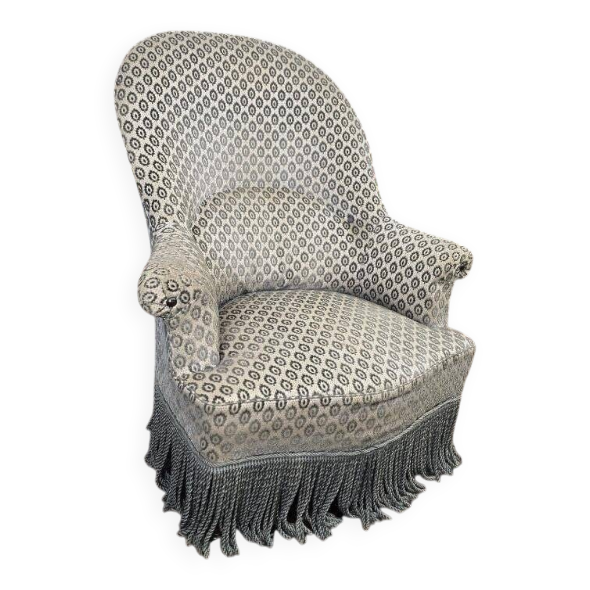 Fauteuil crapaud vintage en tissu gris