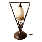 Art deco table lamp with hammered wrought iron base and tulip muller brothers lunéville signed
