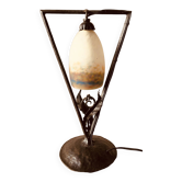 Art deco table lamp with hammered wrought iron base and tulip muller brothers lunéville signed