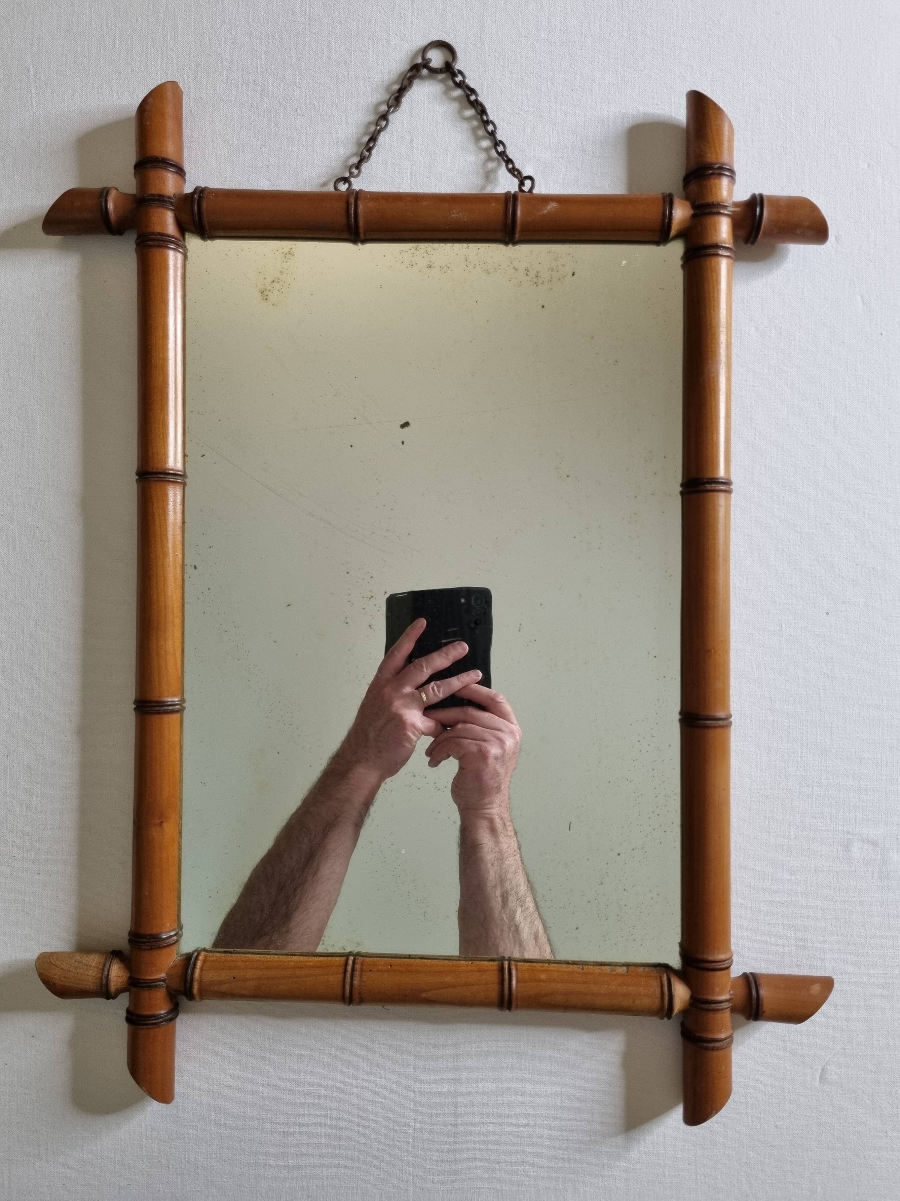 Turned wooden mirror in imitation of bamboo, from the 40s-50s, 43 x 57 cm