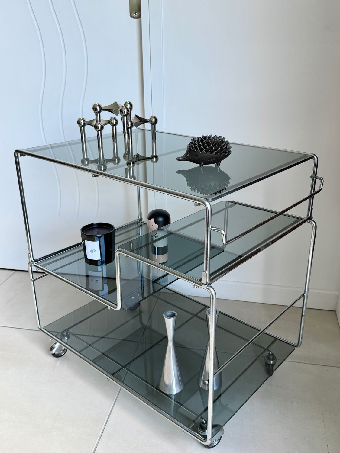 Coffee table / chrome and smoked glass by Max Sauze