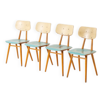 Set of 4 midcentury dining chairs from TON, blue painted plywood, 1960S