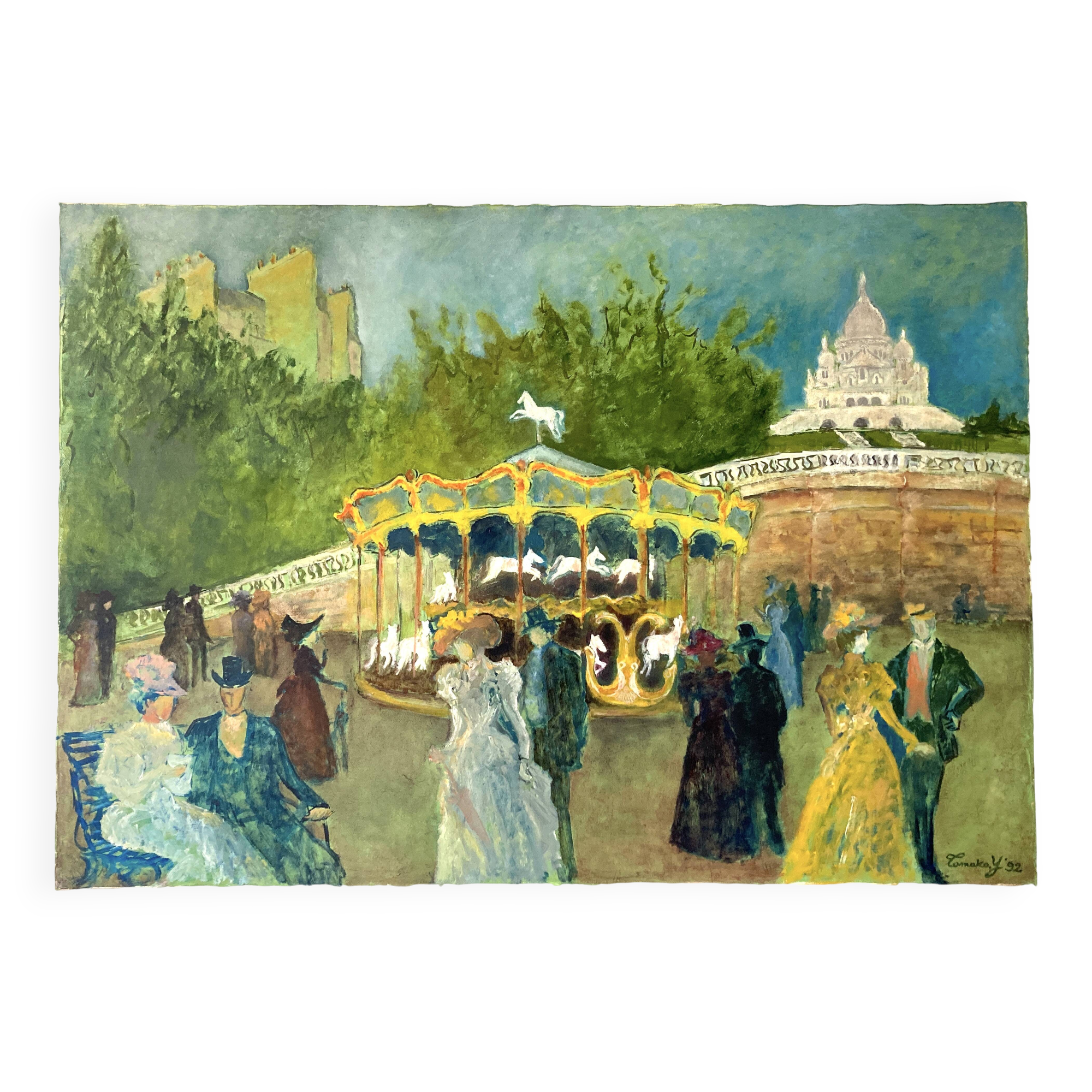 Oil painting on canvas / View of Montmartre during the Belle Époque / Signed Tomako, 1992