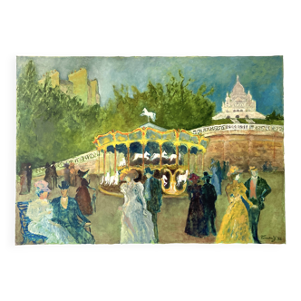 Oil painting on canvas / View of Montmartre during the Belle Époque / Signed Tomako, 1992