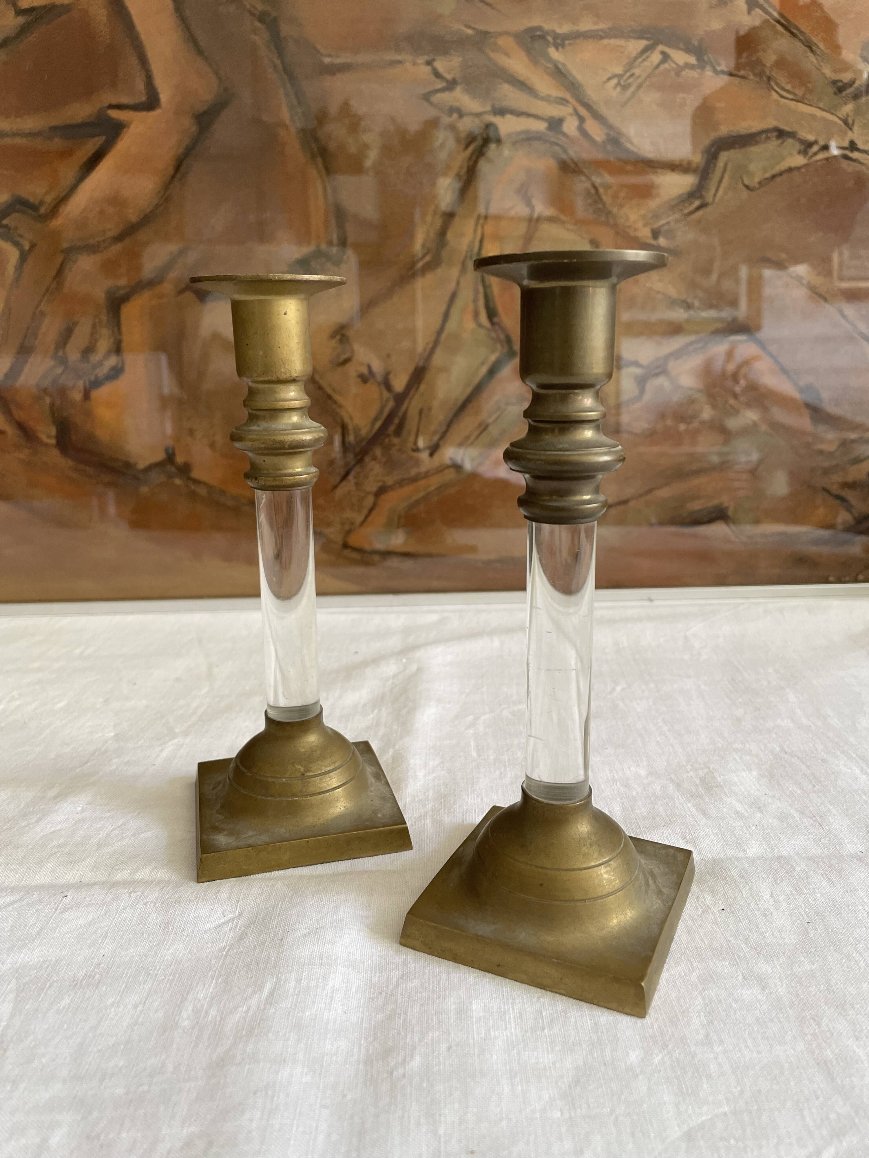 Pair of brass and plexiglass candlesticks 70s