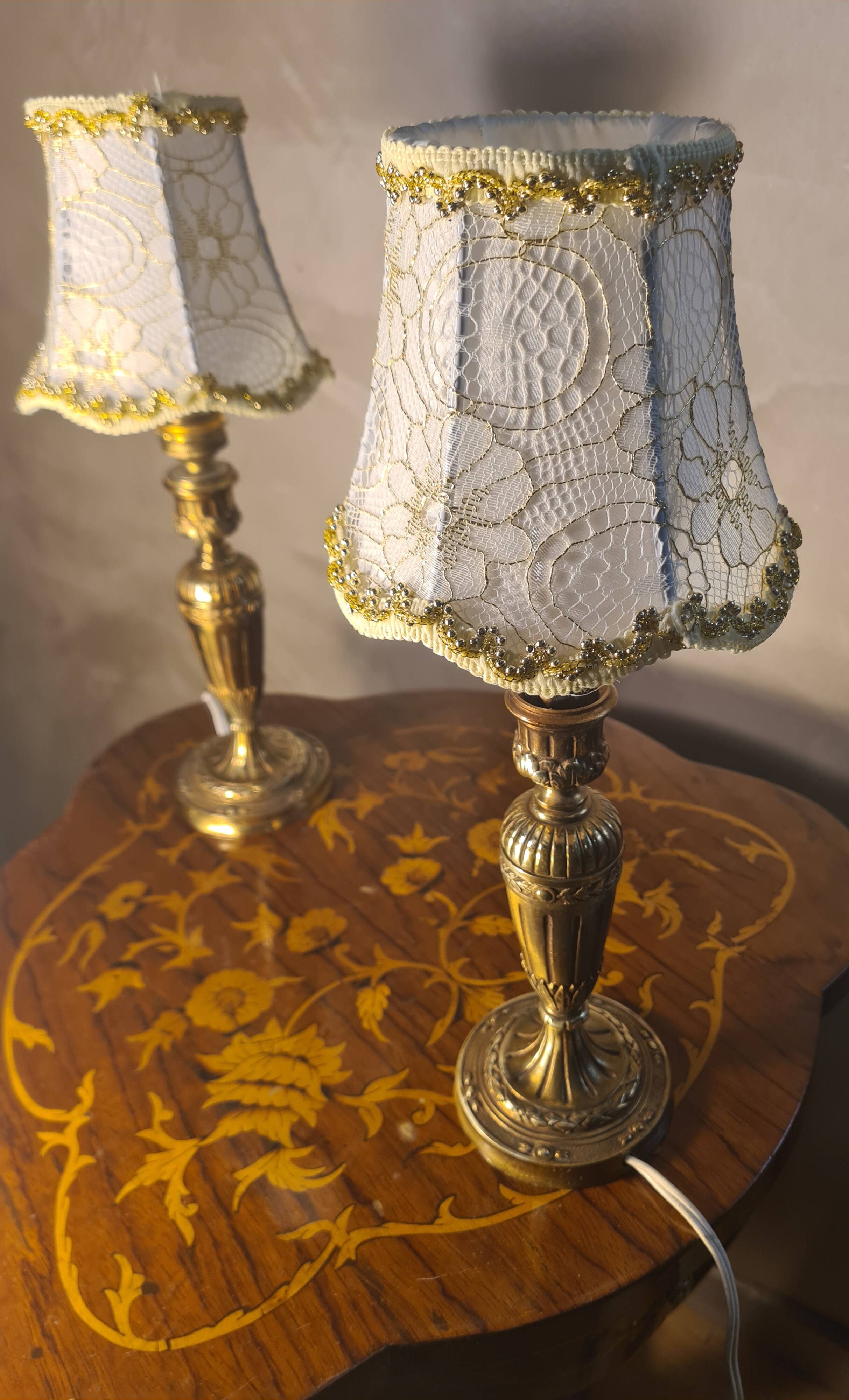 pair of Empire brass bedside lamps 34x14 electric working embroidered lampshade very beautiful