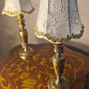pair of Empire brass bedside lamps 34x14 electric working embroidered lampshade very beautiful