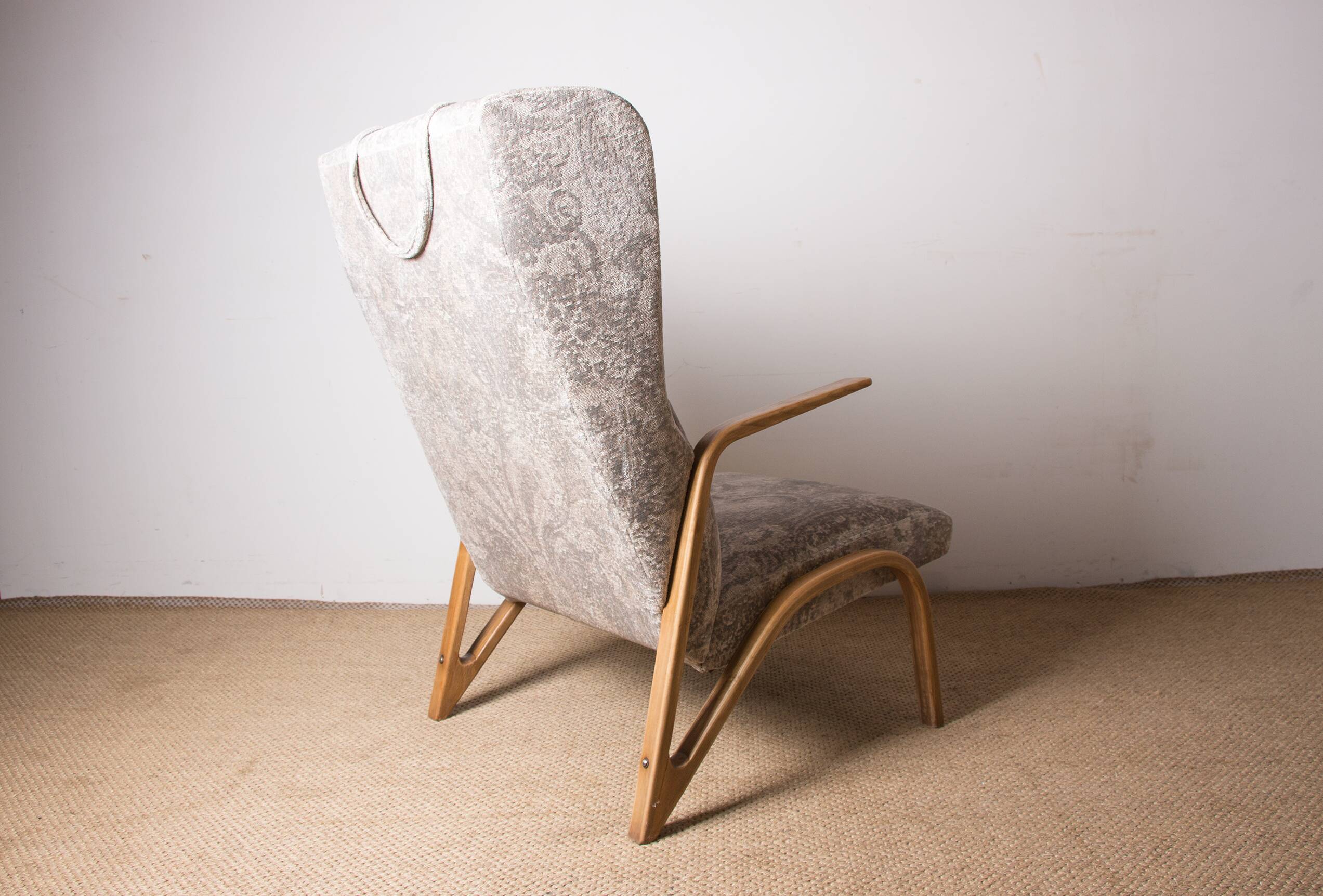 High armchair in curved beech and recent konkav fabric model by paul bode for federholz.