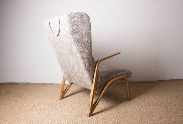 Fauteuil haut en Hêtre courbé et tissu récent modèle Konkav par Paul Bode pour Federholz.