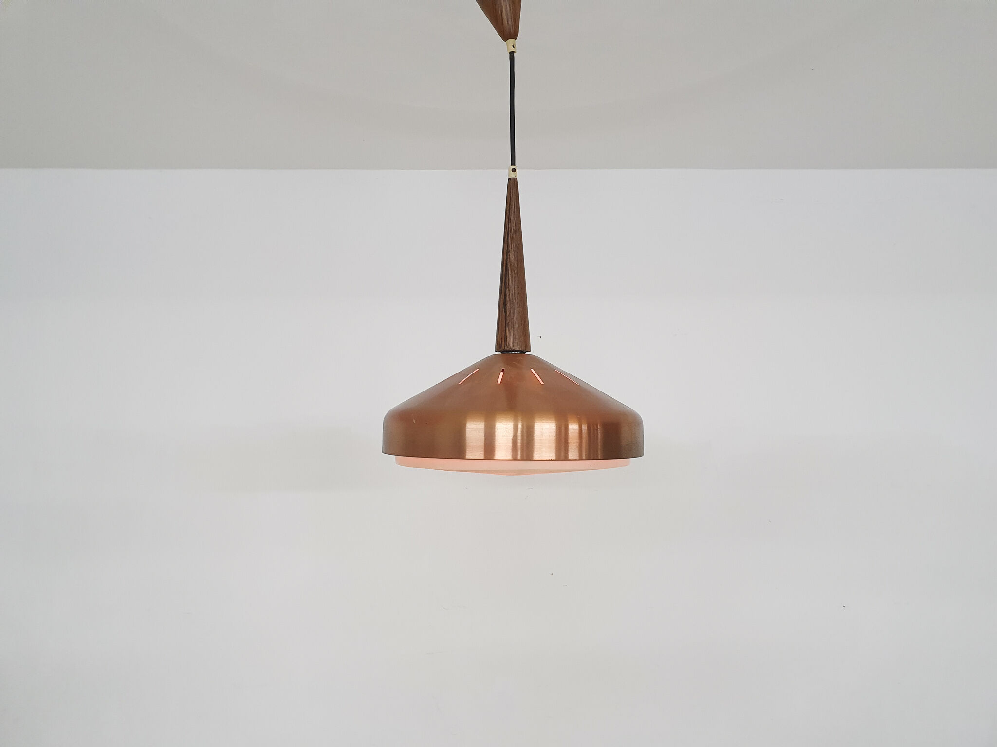 Sandinavian modern copper and wood pendant light, 1960's