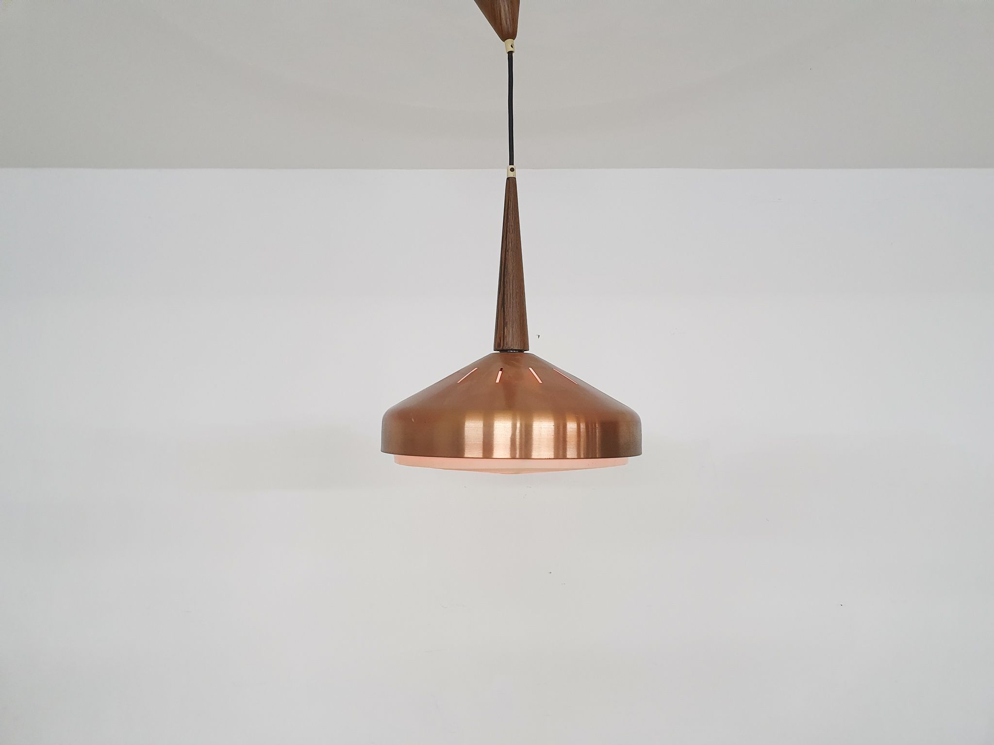 Sandinavian modern copper and wood pendant light, 1960's