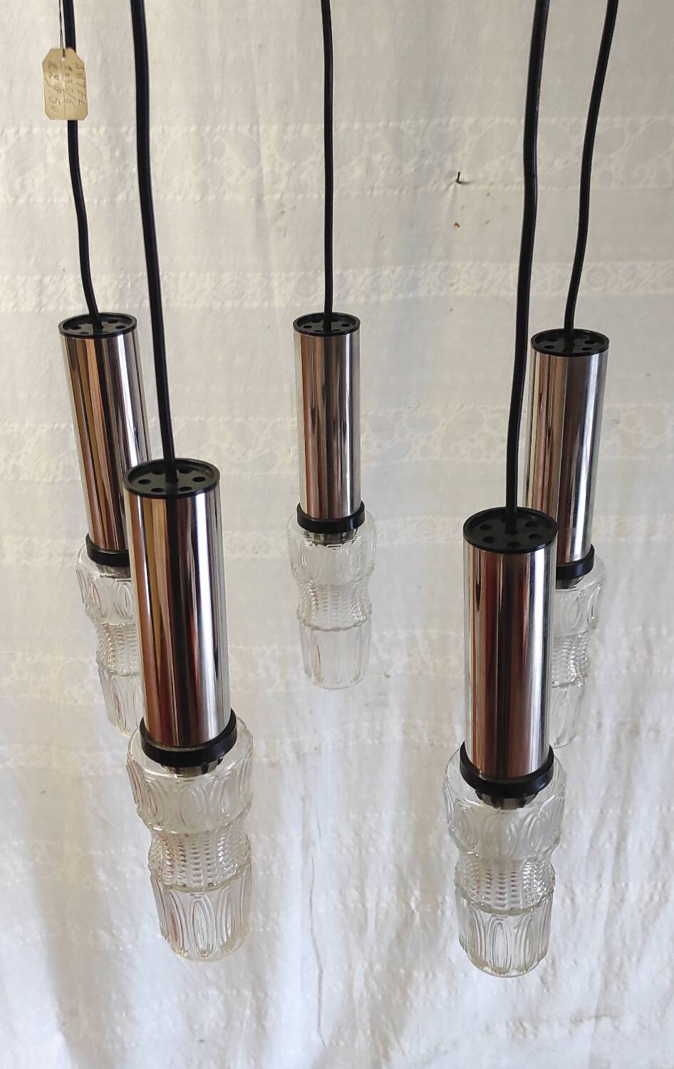 5-light chrome metal and molded glass pendant light - 70's