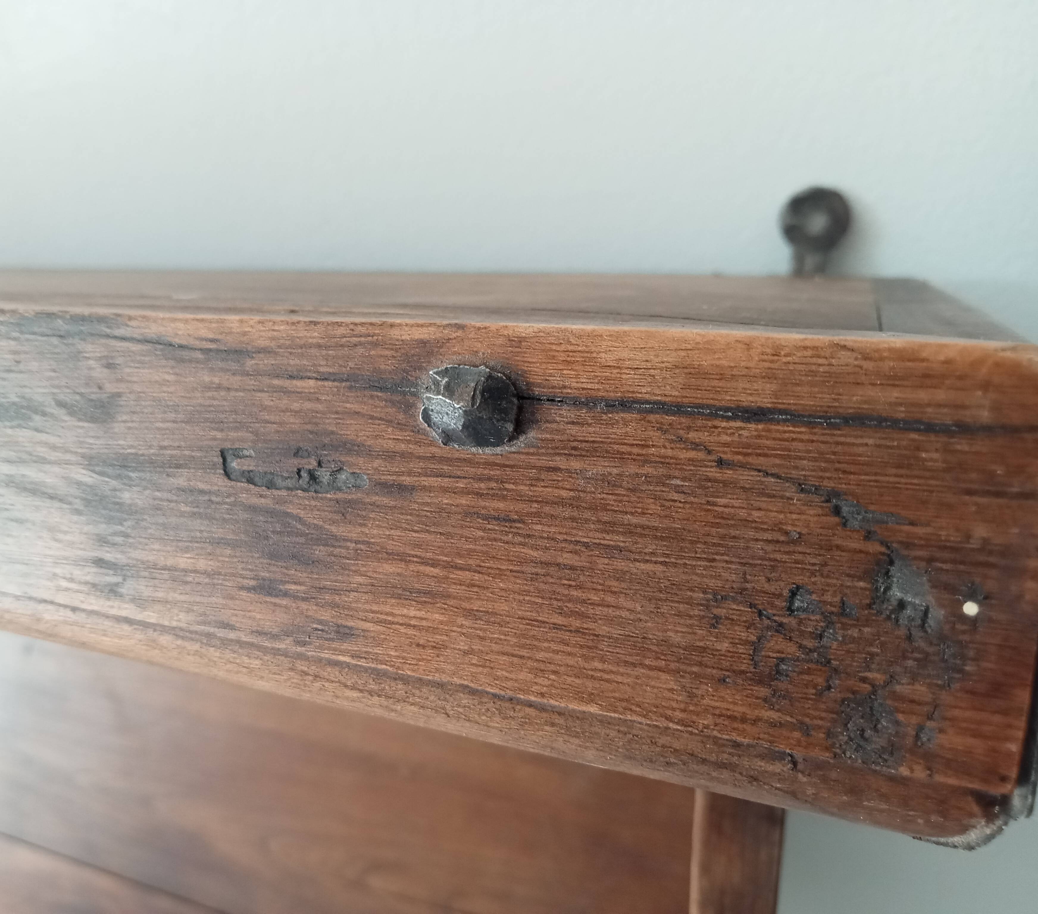 Antique wall shelf in solid chestnut with butcher's hooks