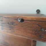 Antique wall shelf in solid chestnut with butcher's hooks