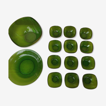 Lot saladier plat et raviers en verre trempé Vereco couleur vert foret. Vintage années 70.
