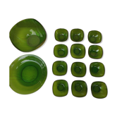 Lot flat bowl and ravines in tempered glass Vereco forest green color. Vintage 70s.