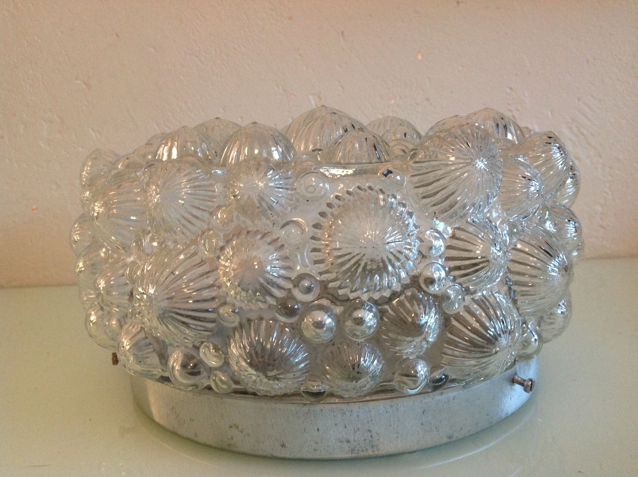 Round ceiling lamp in bubbled glass / vintage 60s-70s