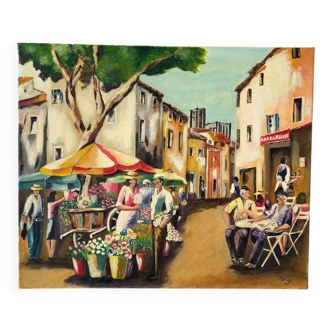 The flower market, oil on canvas signed Luga.