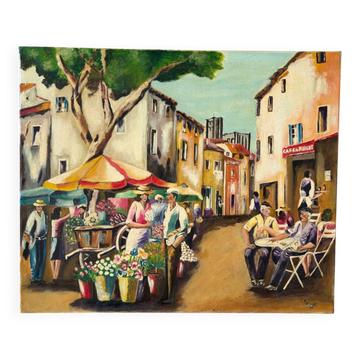 Le marché aux fleurs, huile sur toile signé Luga