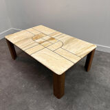 1970s travertine coffee table with sculptural top and solid oak base