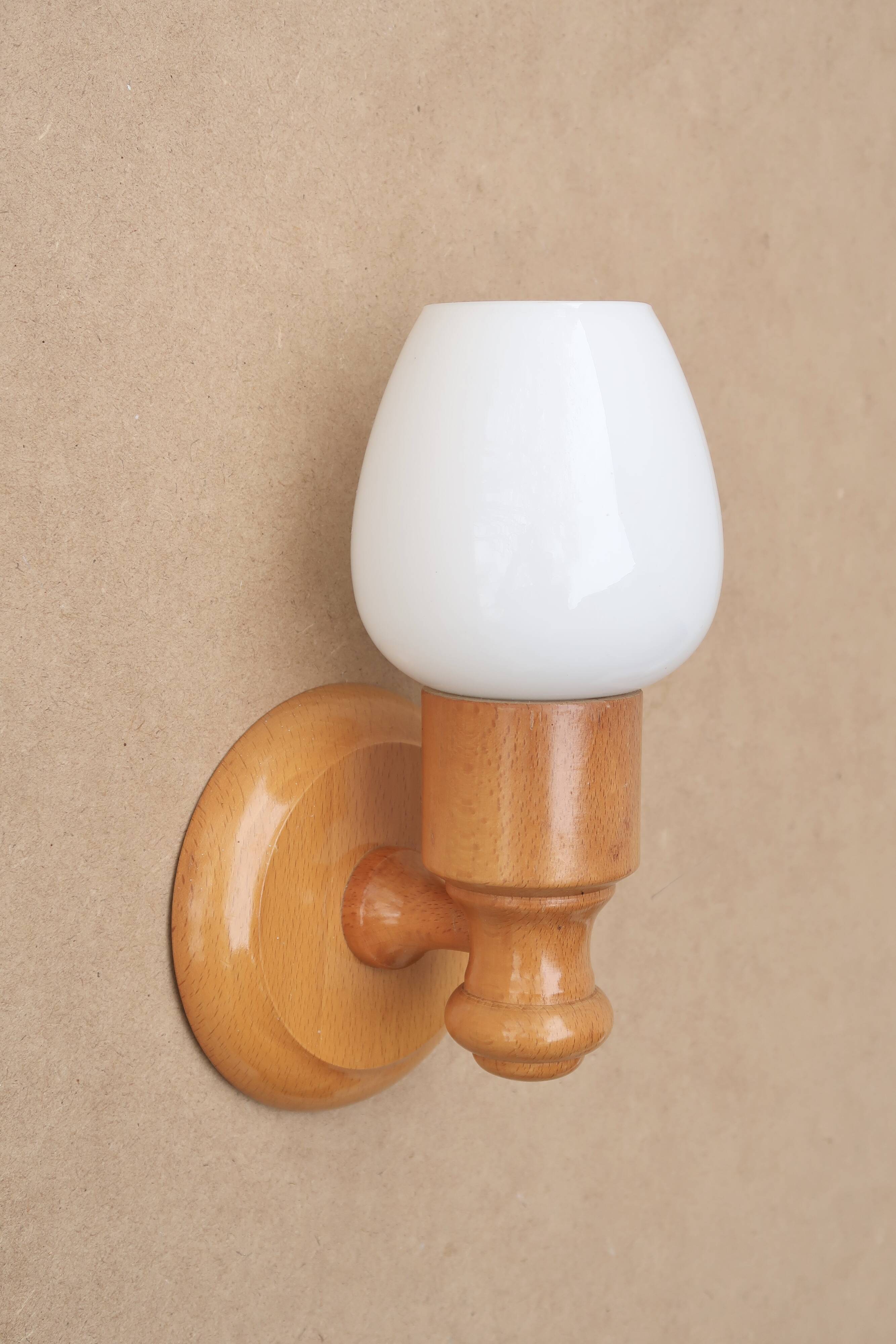 Pair of pine wood and white glass wall lights, 1970s