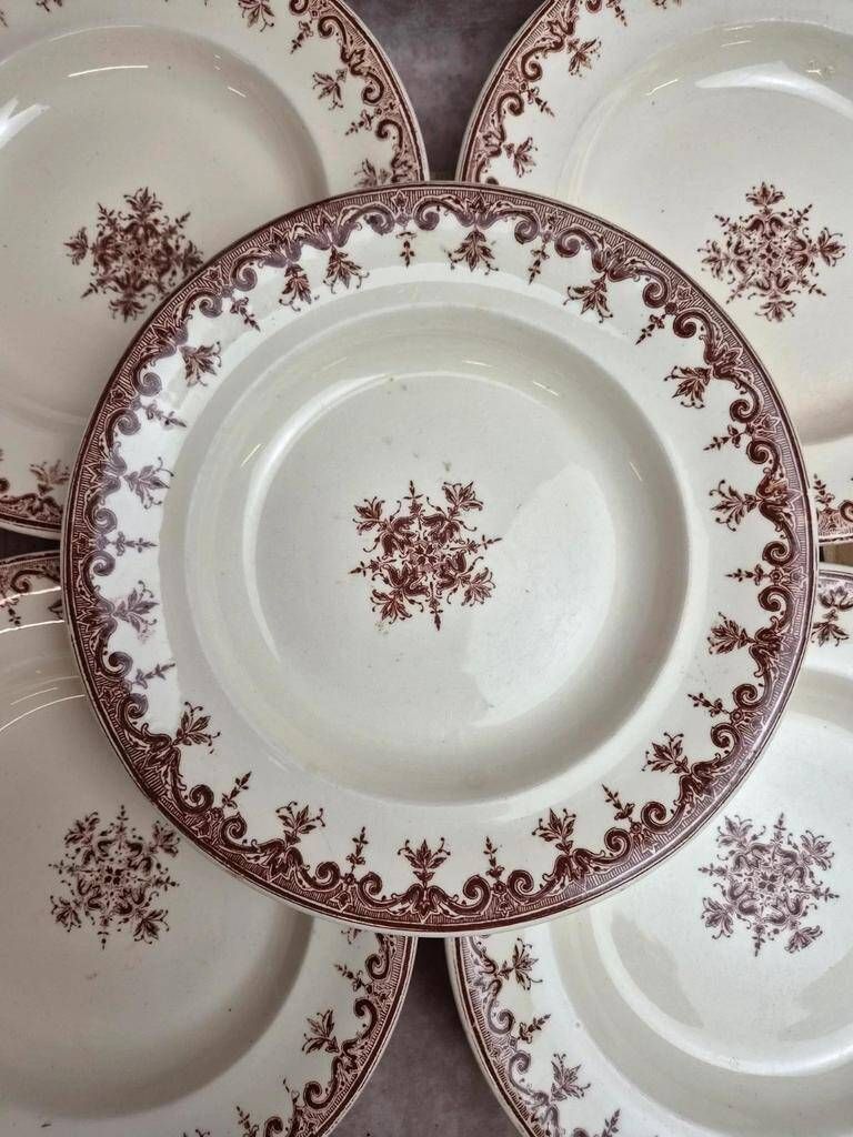 Set of 5 deep plates Terre de Fer Clairefontaine Rouen sepia 19th century