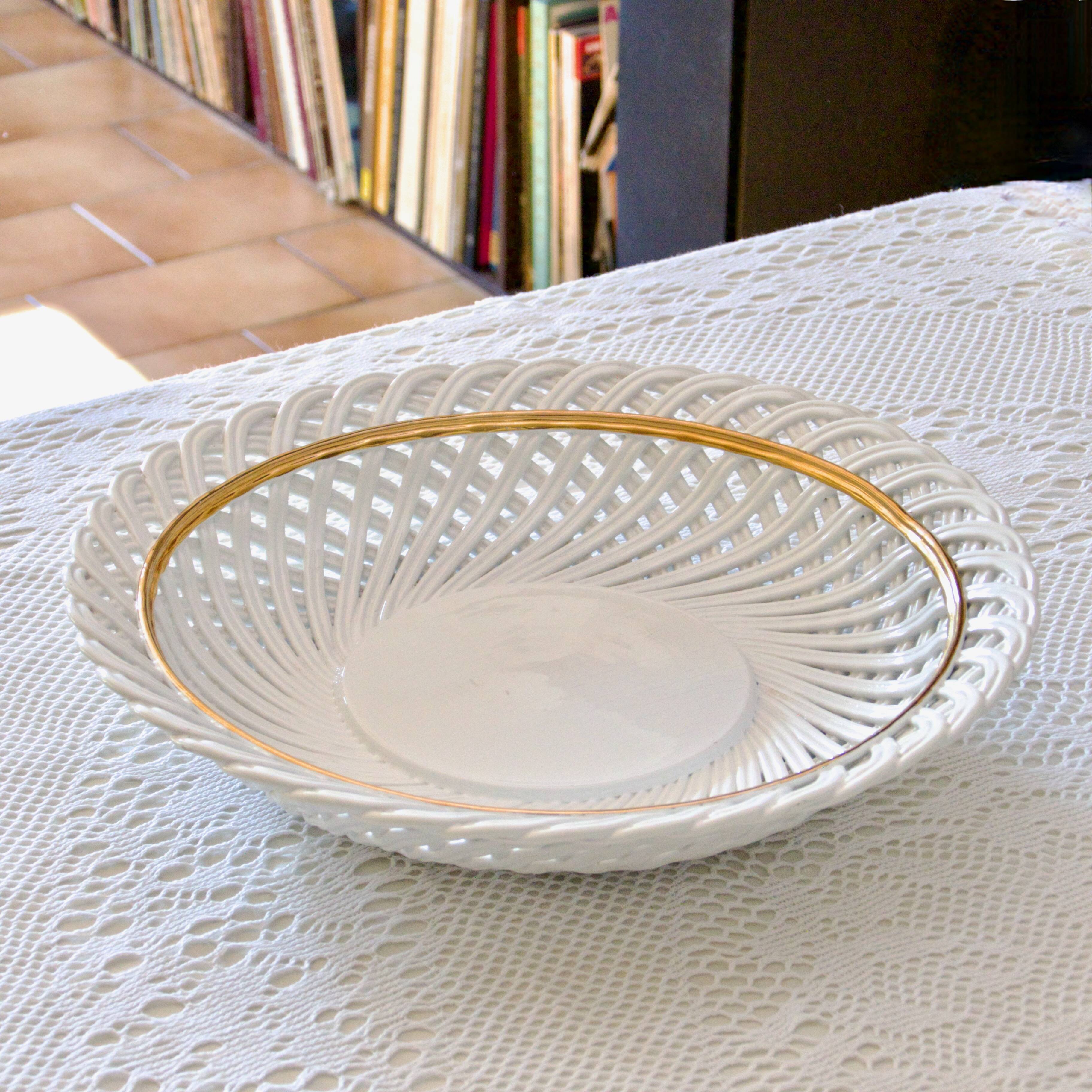 Huge antique Bassano bowl in openwork braided majolica