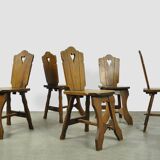 Vintage brutalist oak handmade farmhouse dining chairs, 1930s