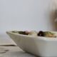 Vintage square bowl with hazelnut pattern, slip and earthenware