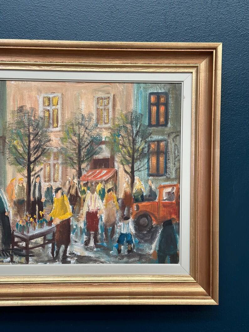 Original Swedish Oil on Canvas – “Market Scene” by Arne Wallsten – Signed