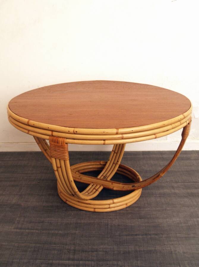 Vintage rattan coffee table with teak top