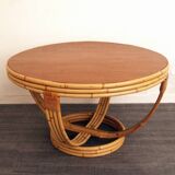 Vintage rattan coffee table with teak top