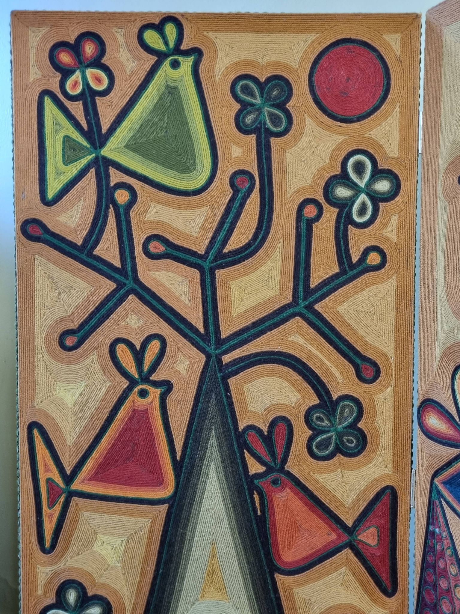 Screen decorated with wool threads, “Huichol” art, Sofia Ribeira, 124 cm