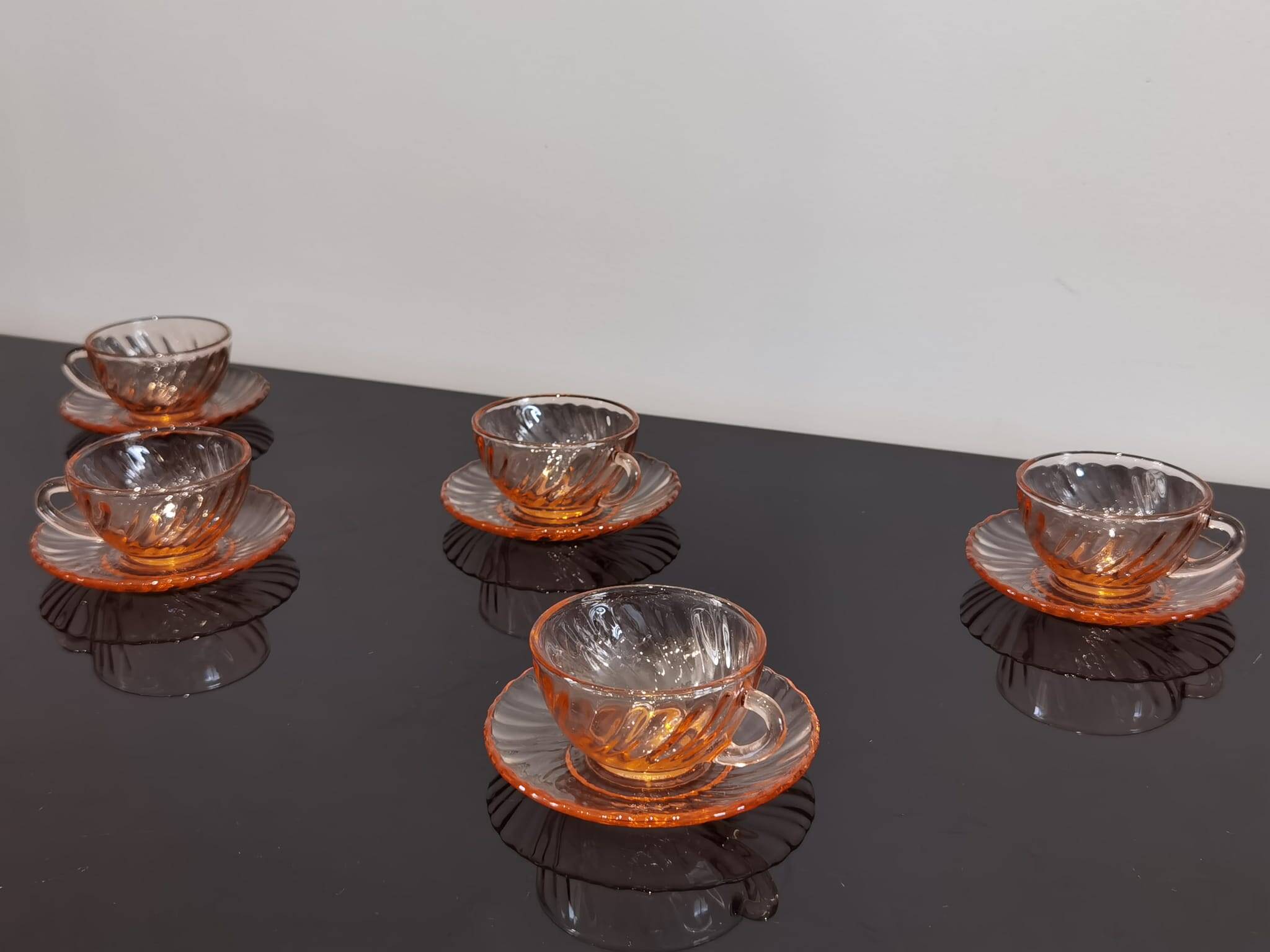 5 Rosaline Arcoroc twisted pink glass cups and saucers